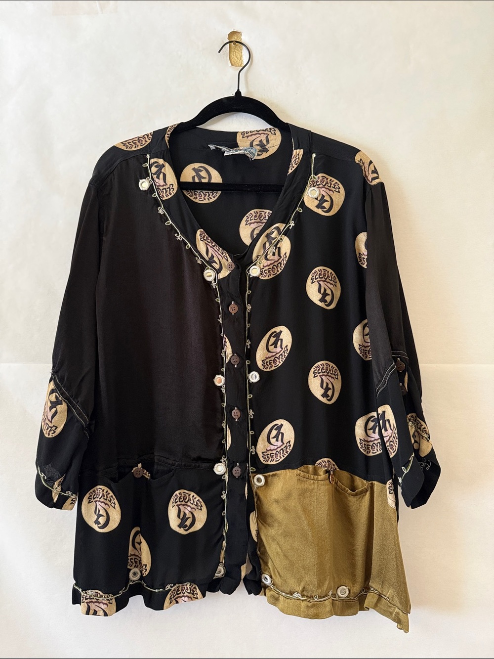 Tienda Ho Lagenlook Button Front Tunic Free Size XL Artsy 3/4 Sleeve Coastal Top